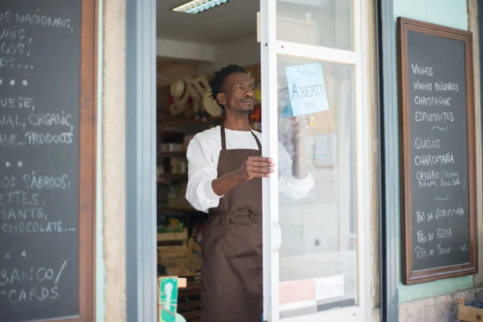 Small business owner opening their shop, ready for customers